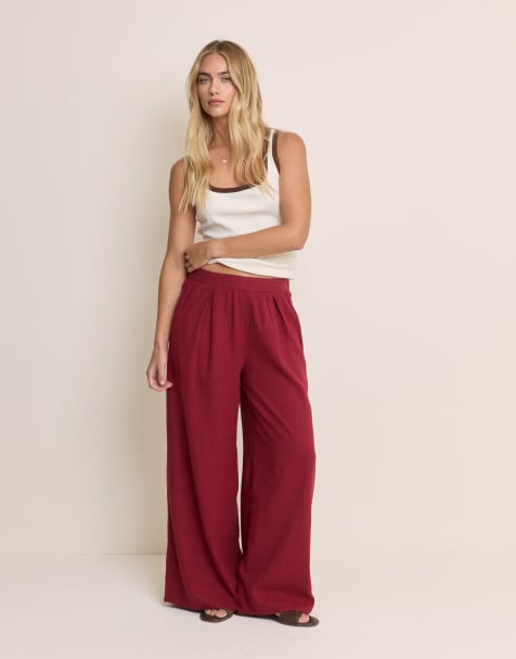 Nobody's Child Jerrow linen blend elasticated waist wide leg trouser in deep red - view 1