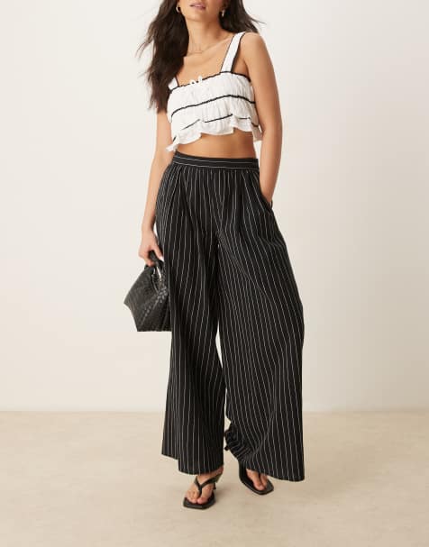 Nobody's Child Jerrow wide leg linen trousers in black stripe - view 1