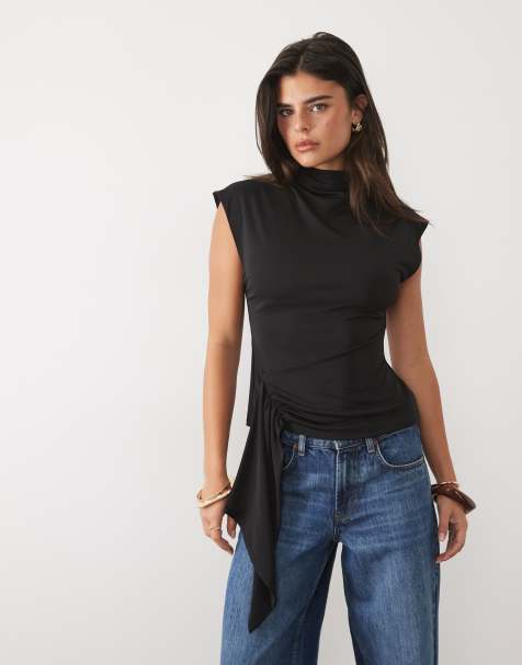 Nobody's Child jersey high neck cap sleeve tie detail top in black - view 1