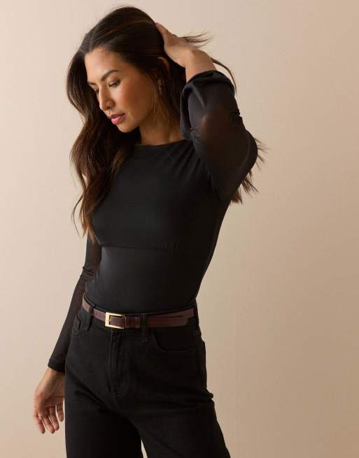 Nobody's Child Jersey mesh long sleeve top in black, 3 of 5