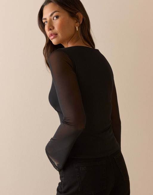 Nobody's Child Jersey mesh long sleeve top in black, 5 of 5