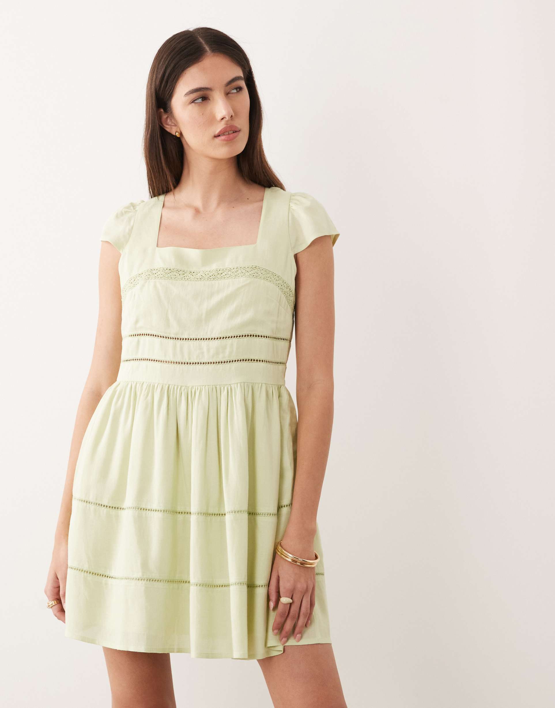 nobody's child jessy cotton square neck cap sleeve broderie detail mini dress in sage green