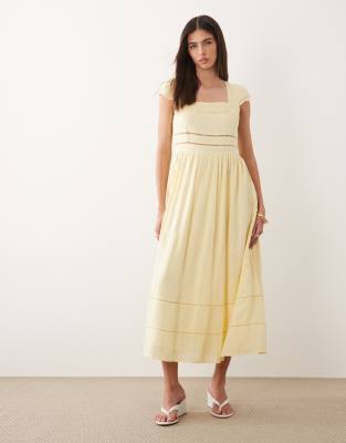 Nobody's Child Jessy Linen Blend Square Neck Cap Sleeve Broderie Detail Midi Dress In Yellow