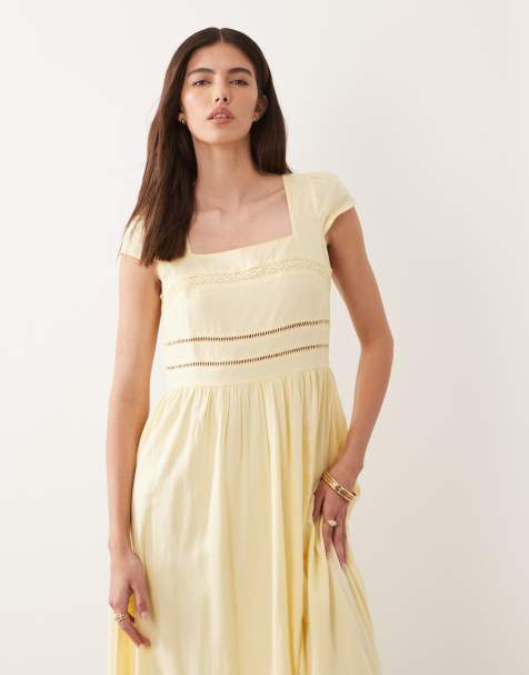 Nobody's Child Jessy linen blend square neck cap sleeve broderie detail midi dress in yellow - view 1
