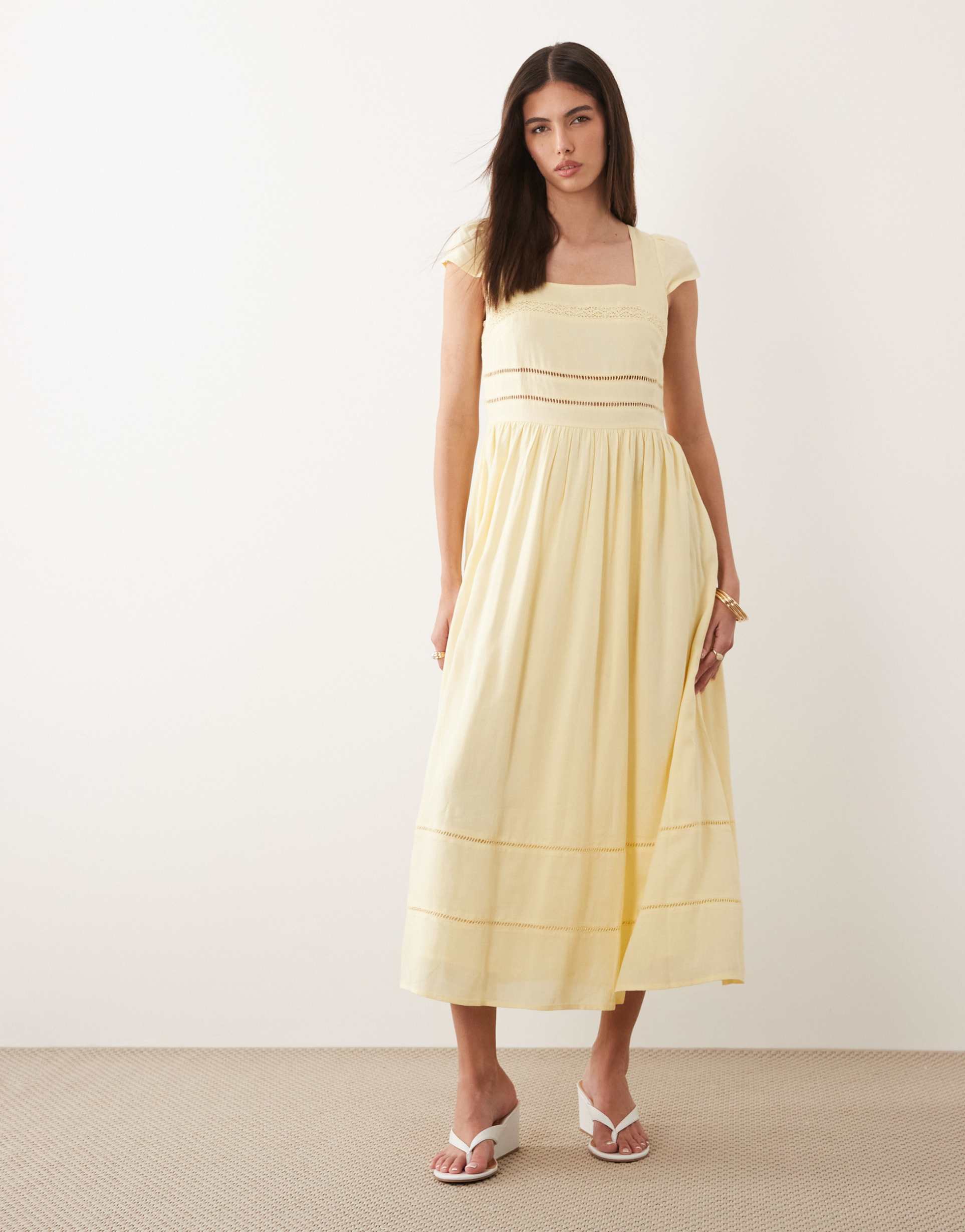 nobody's child jessy linen blend square neck cap sleeve broderie detail midi dress in yellow