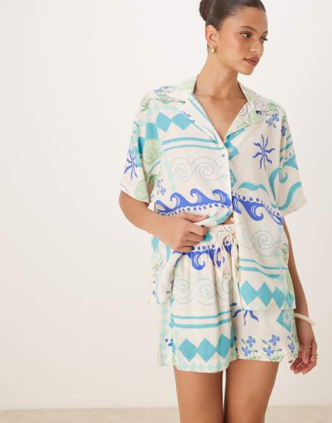 Nobody's Child - Jet - Shorts van linnenmix met print in wit en blauw, deel van co-ord set - view 1