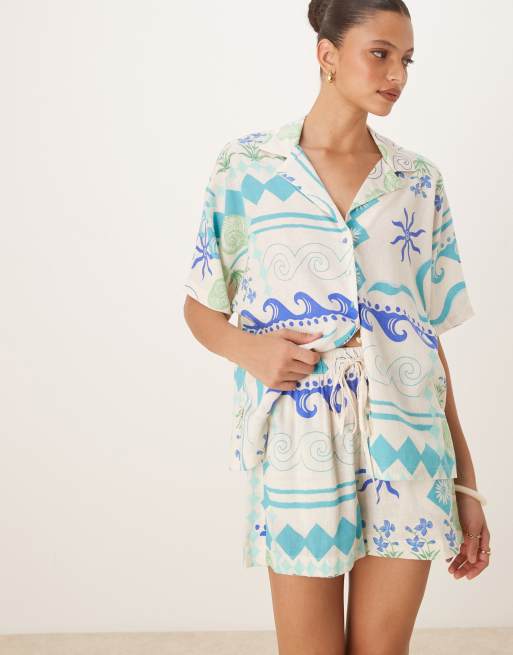 Nobody's Child - Jet - Shorts van linnenmix met print in wit en blauw, deel van co-ord set