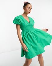 Saint Genies frill sleeve skater mini dress in green | ASOS