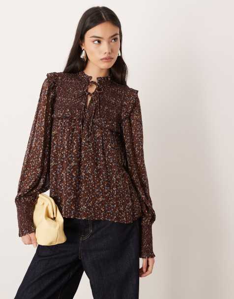 Nobody's Child Joan shirred blouse in brown floral - view 1