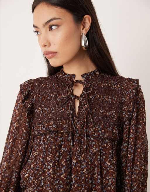 Nobody's Child Joan shirred blouse in brown floral, 2 of 4
