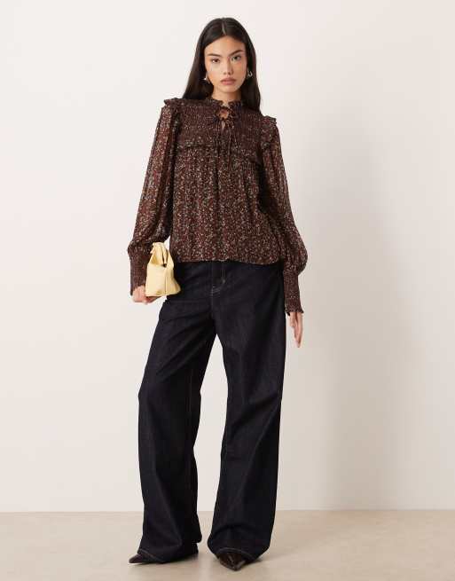 Nobody's Child Joan shirred blouse in brown floral, 3 of 4