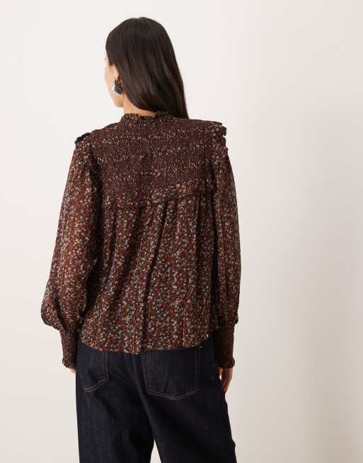 Nobody's Child Joan shirred blouse in brown floral, 4 of 4