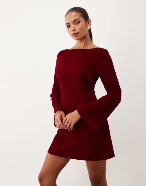 Nobody's Child Joelle open back tie detail long sleeve velvet mini dress in burgundy - view 1
