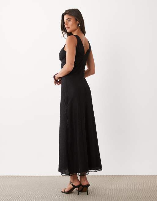 Nobody's Child Joey vestito midi sottoveste nero con inserto in pizzo e scollo profondo, 4 di 4