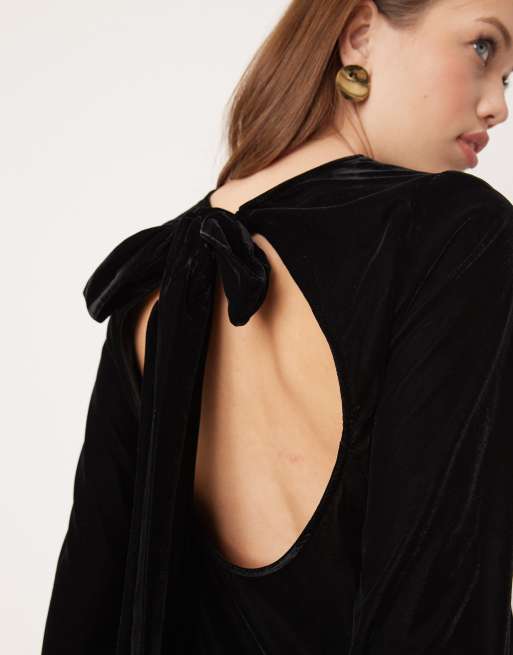 black velvet tie back jolene mini dress Black Velvet Pearl Button Tie Detail Mini Dress