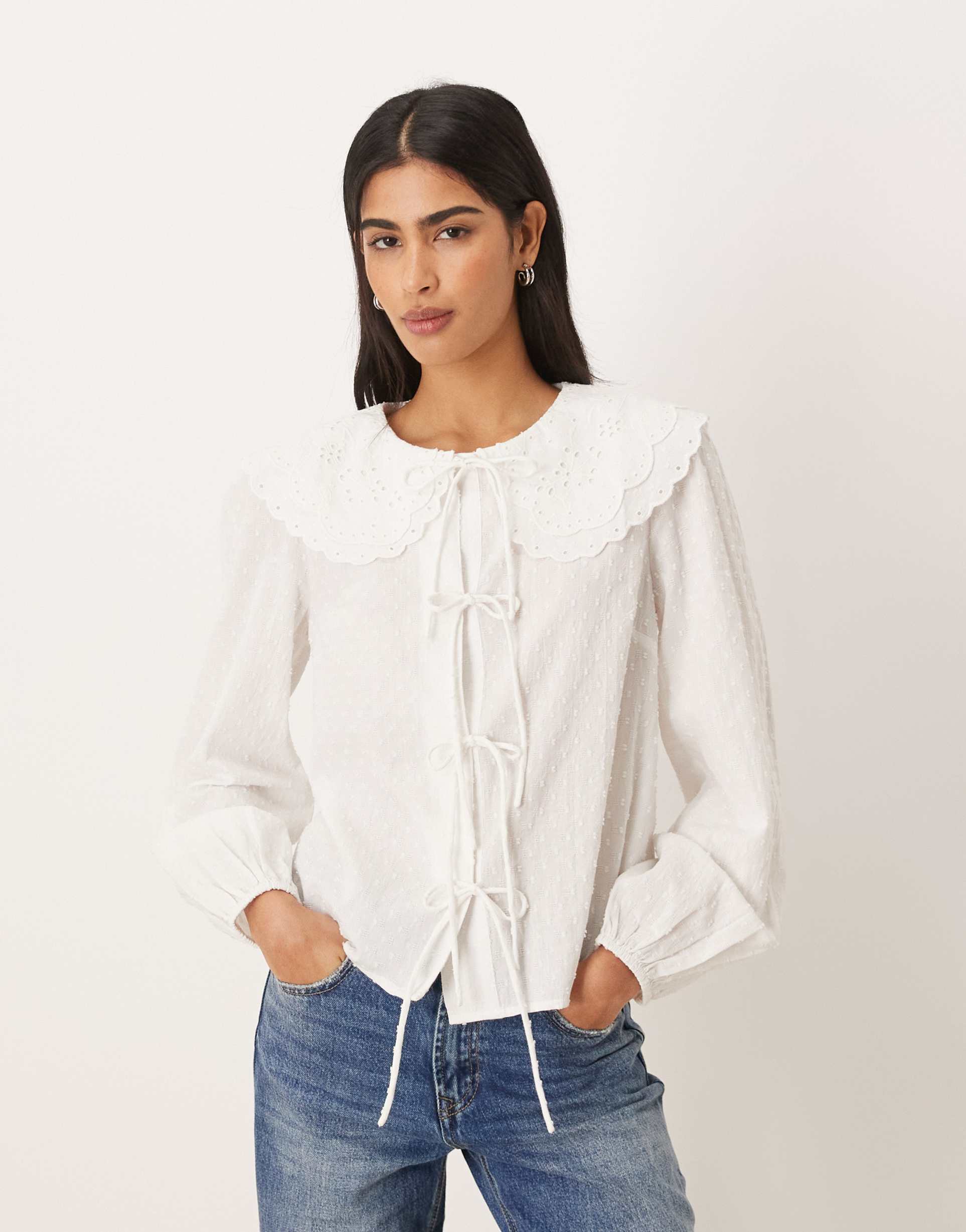 nobody's child jolie broderie oversized collar textured tie front shirt in white