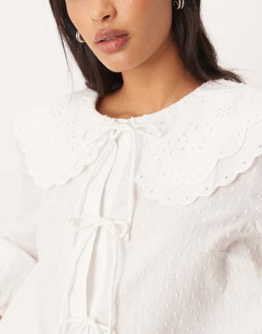 Nobody's Child Jolie broderie oversized collar textured tie front shirt in white, 3 of 4