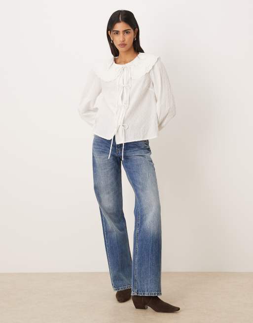 Nobody's Child Jolie broderie oversized collar textured tie front shirt in white, 4 of 4