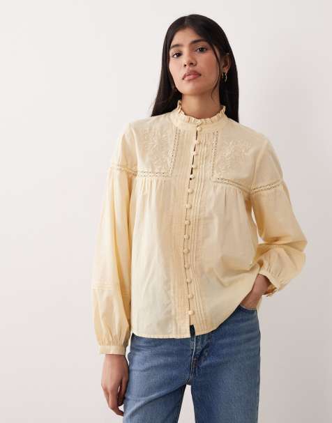 Nobody's Child Jones chemise en coton à empiècements en dentelle brodée jaune doux - view 1