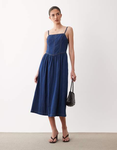 Nobody's Child Jones denim bodice detail ruched skirt midi dress in dark wash