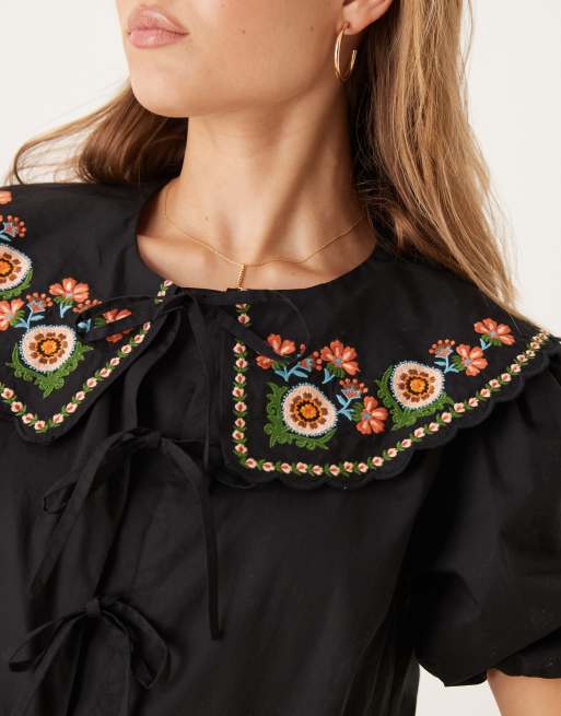 Nobody's Child - Joplin - Blouse à manches bouffantes et col brodé - Noir, 3 de 4