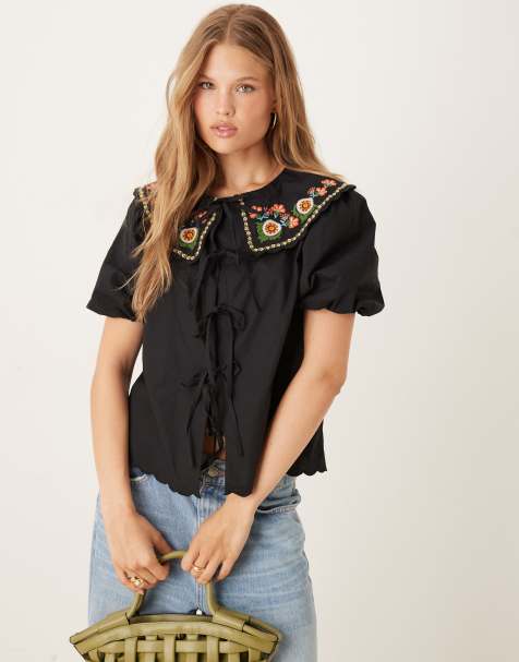 Nobody's Child Joplin puff sleeve blouse with embroidered collar in black - view 1