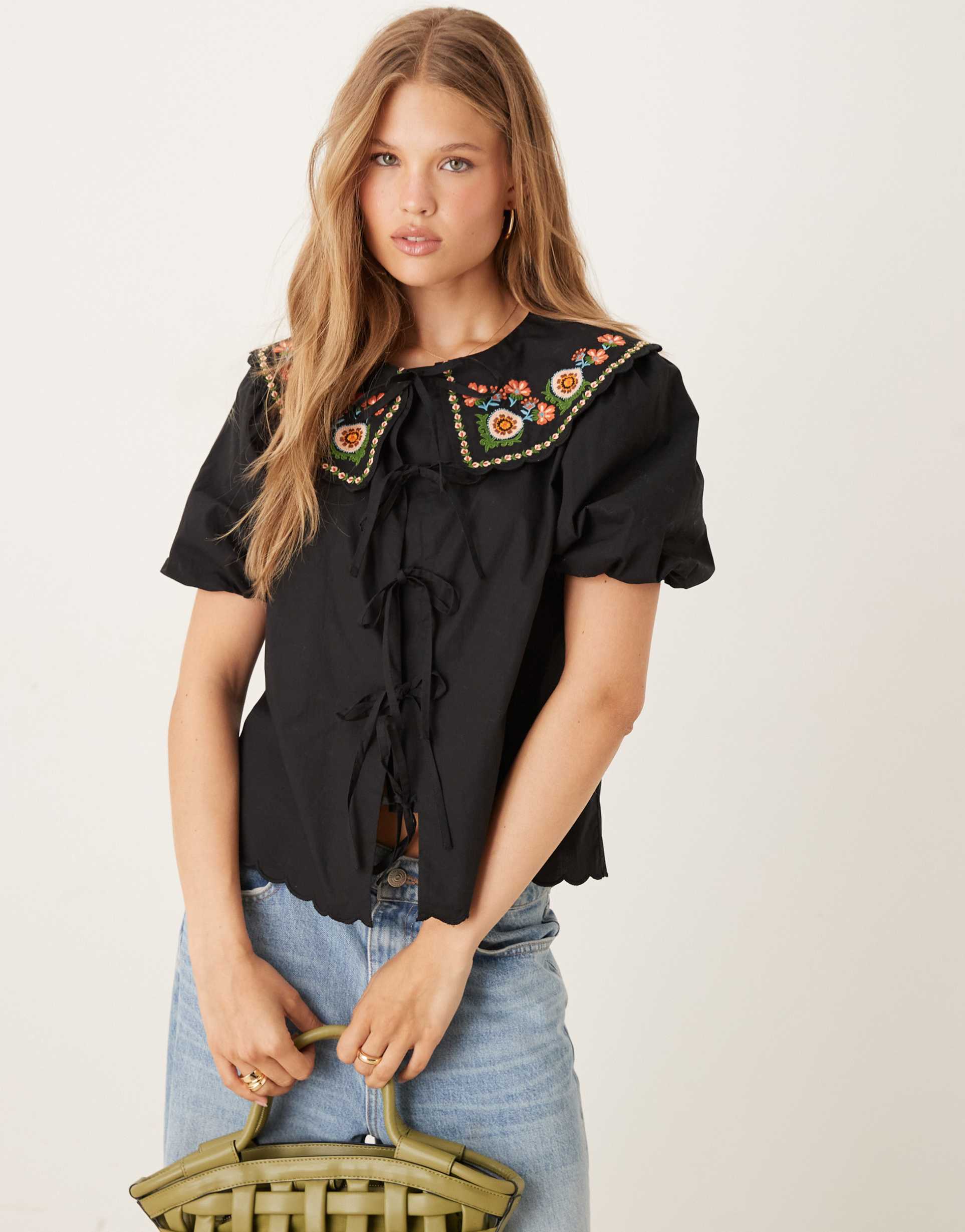 nobody's child joplin puff sleeve blouse with embroidered collar in black