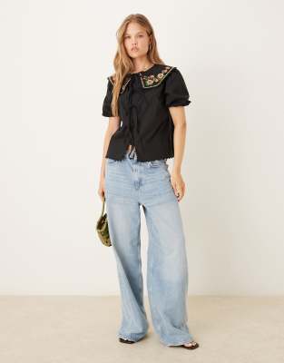 Nobody's Child Joplin Puff Sleeve Blouse With Embroidered Collar In Black