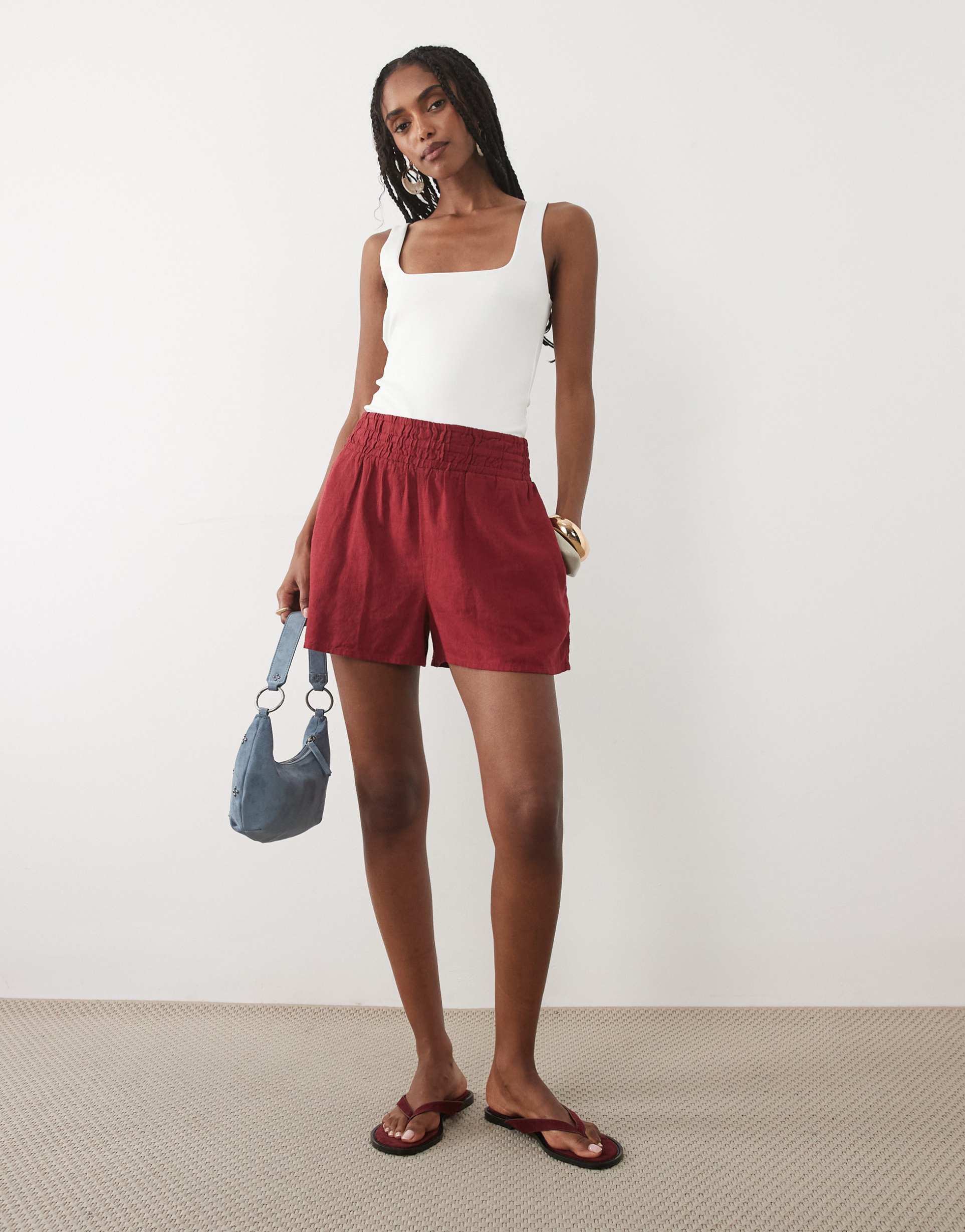 nobody's child joppa linen blend elastic waist shorts in deep red
