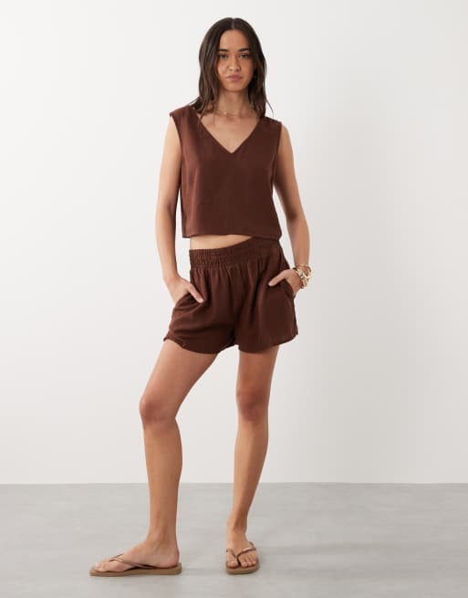 Nobody's Child - Joppa - Short d'ensemble en lin mélangé à taille élastique - Chocolat, 2 de 5