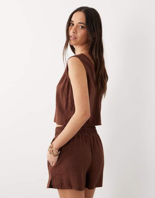 Nobody's Child - Joppa - Short d'ensemble en lin mélangé à taille élastique - Chocolat, 5 de 5