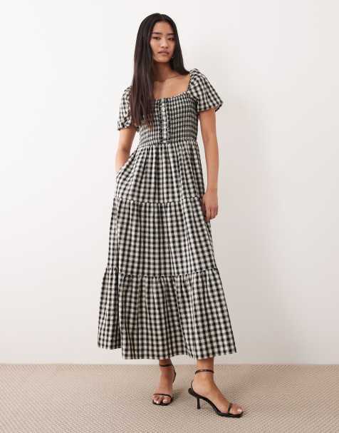 Nobody's Child Joss square neck puff sleeve tiered skirt cotton midi dress in black gingham - view 1