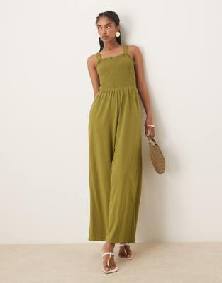 Nobody's Child - Jumpsuit in Khaki mit gesmoktem Oberteil und weitem Bein-Grün