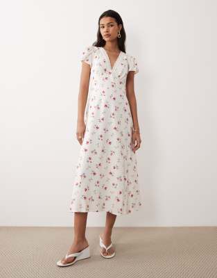 Nobody's Child Kacey Lace Detailing Floral Print Midi Dress In White