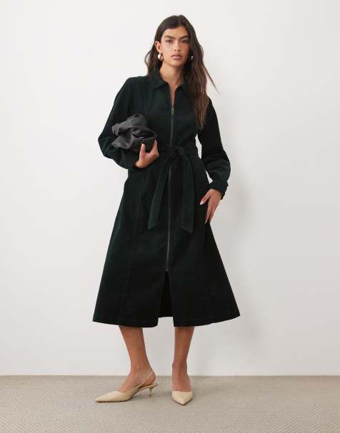 Nobody's Child Kai cord spread collar zip down belted midi dress in dark green - view 1