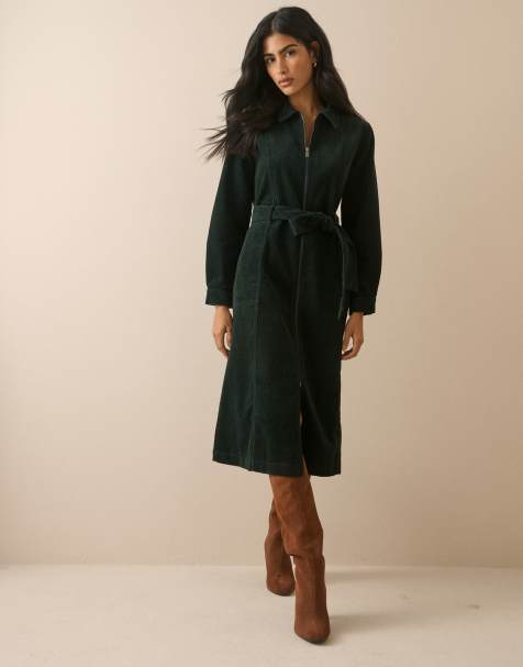 Nobody's Child Kai cord spread collar zip down belted midi dress in dark green