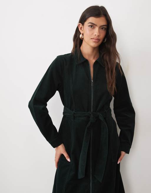Nobody's Child Kai cord spread collar zip down belted midi dress in dark green, 2 of 4