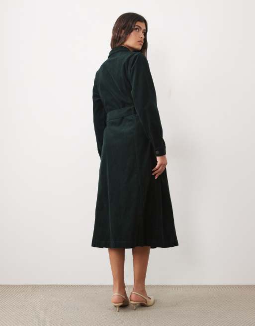 Nobody's Child Kai cord spread collar zip down belted midi dress in dark green, 4 of 4