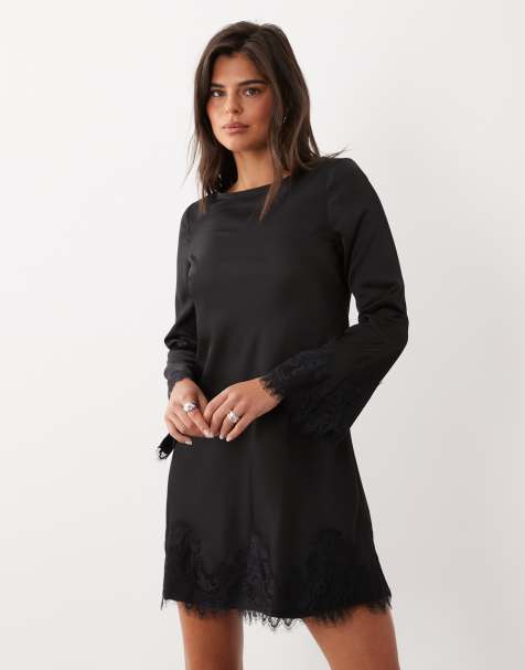 Nobody's Child Kamari satin boat neck lace trim mini dress in black - view 1