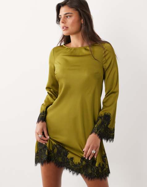 Nobody's Child Kamari satin boat neck lace trim mini dress in olive - view 1