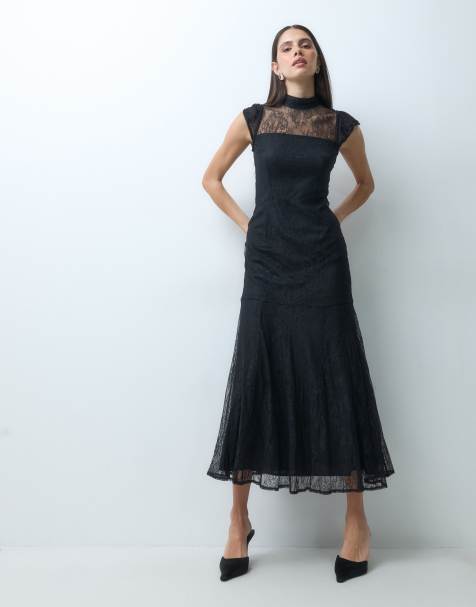 Nobody's Child Katell lace overlay high neck cap sleeve midi dress in black
