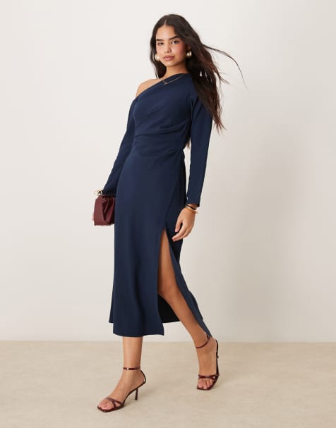 Nobody's Child Katty off shoulder midaxi dress with split in navy - view 1