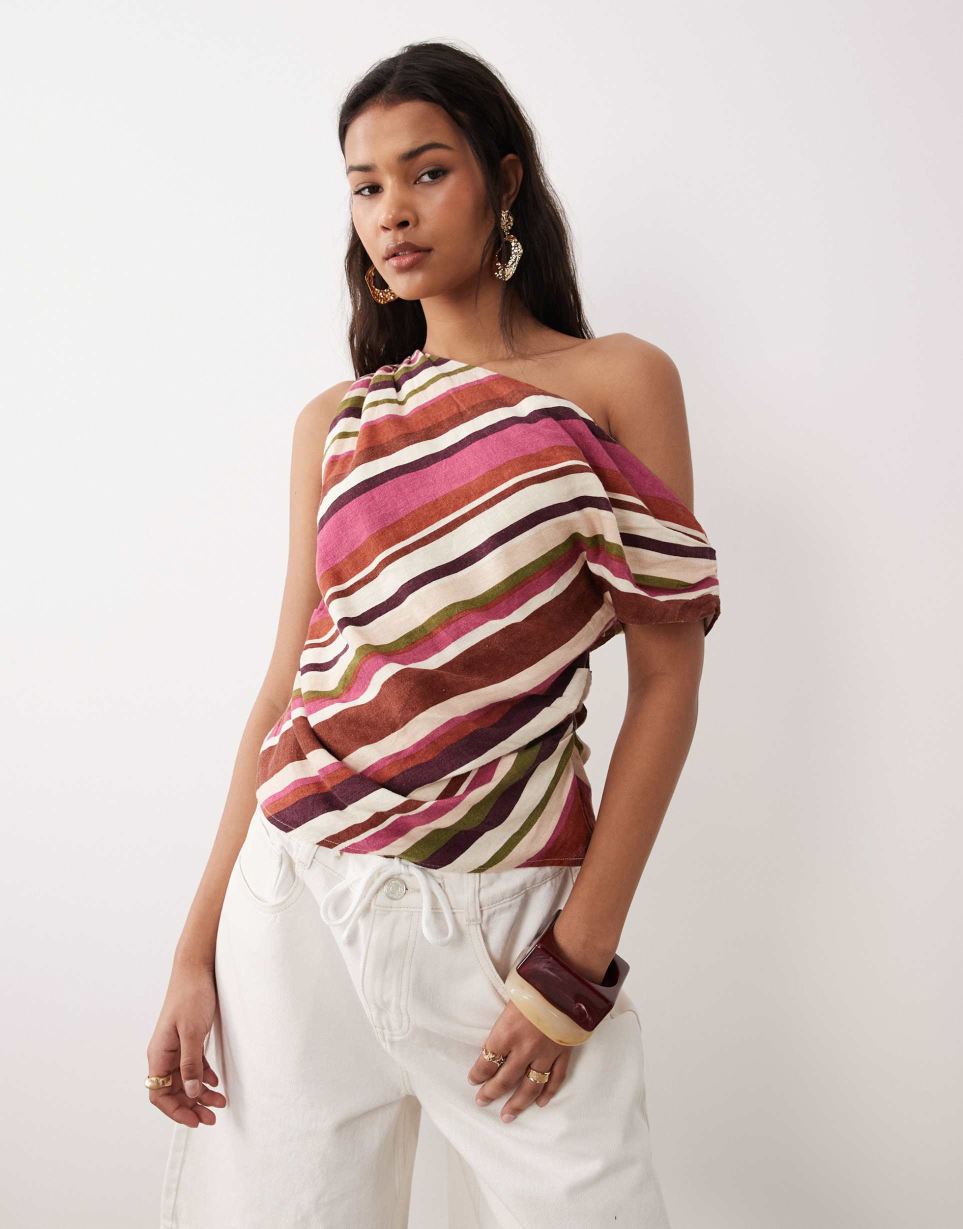 nobody's child katty one shoulder linen blend top in striped pink - part of a set