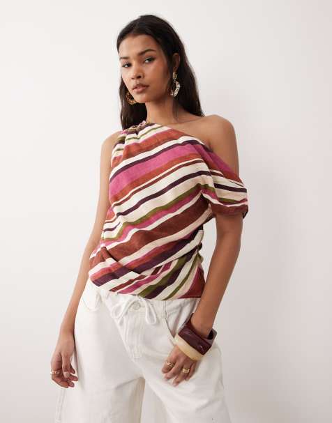 Nobody's Child Katty one-shoulder linen-look top in stripe pink (Part of a set) - view 1