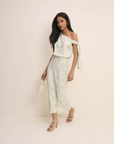 Nobody's Child Kavita satin one shoulder draped midi dress in pale green floral - view 1