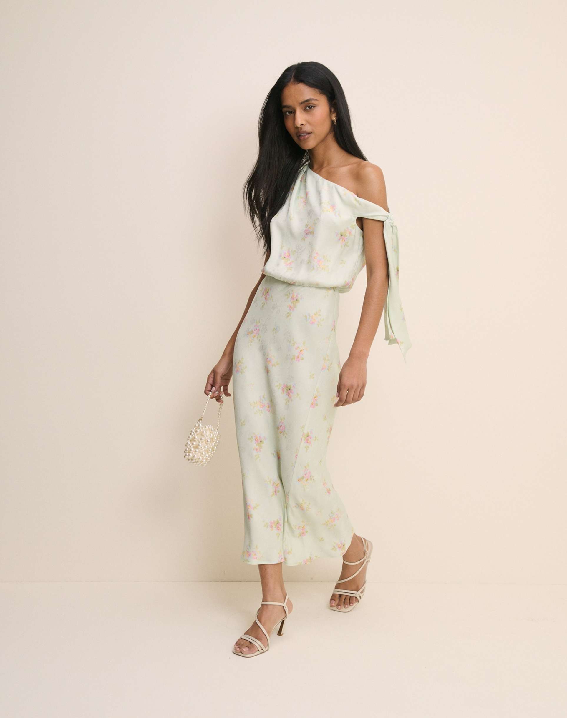 nobody's child kavita satin one-shoulder draped midi dress in pale green floral