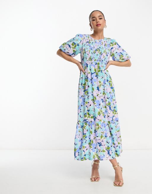 Nobody's Child Kelsie puff sleeve shirred midi dress in blue floral | ASOS