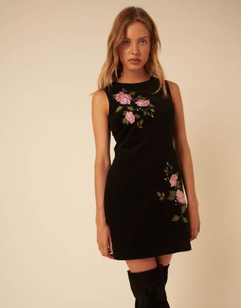 Nobody's Child Kendall embroidered corduroy pinafore mini dress in black - view 1