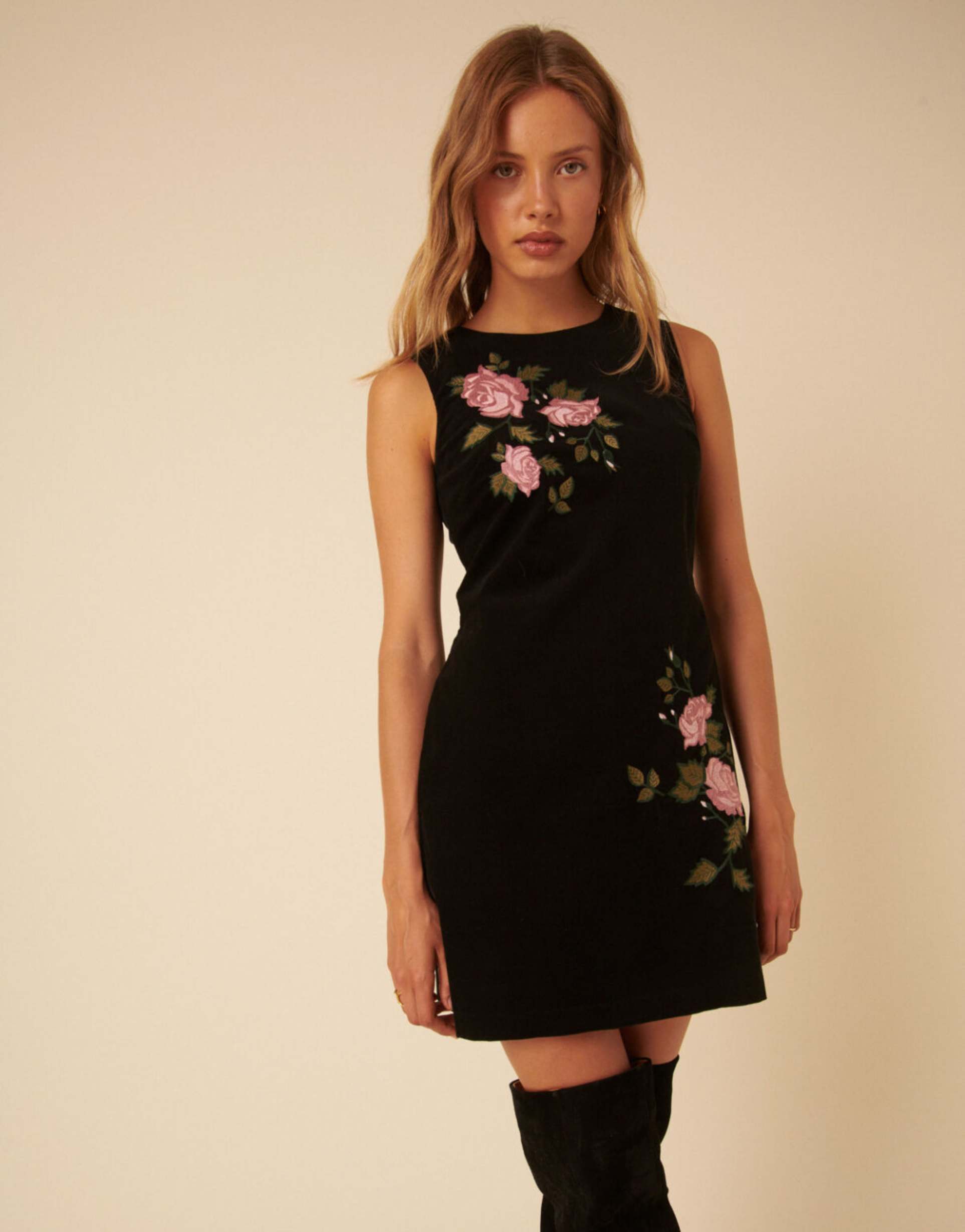 nobody's child kendall embroidered corduroy pinafore mini dress in black