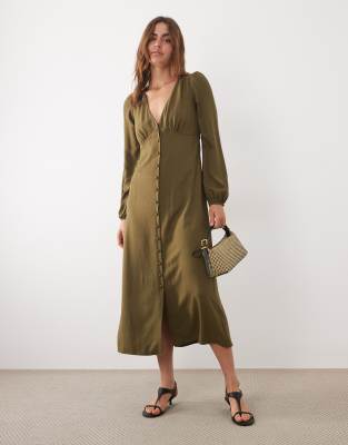 Kennedy - Robe mi-longue boutonnée à l'avant avec col V et manches longues ballon - Vert 16
